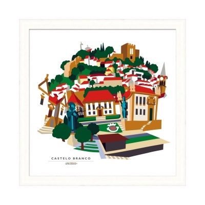 Quadro artístico colorido representando a cidade de Castelo Branco com monumentos e casas.