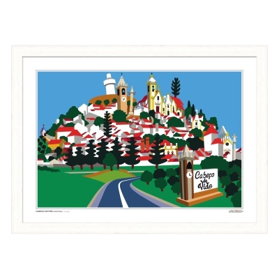 Ilustração colorida de Cabeço de Vide com casas, árvores e céu azul