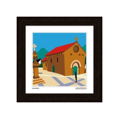 Ilustração emoldurada de uma igreja com telhado vermelho e uma cruz no topo, com um monumento à esquerda e figura humana verde.