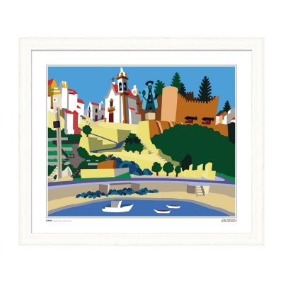 Gravura colorida emoldurada de paisagem urbana e marítima