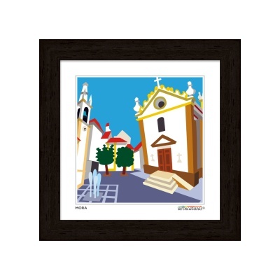 Ilustração estilizada de praça com igreja branca amarela e árvores emoldurada