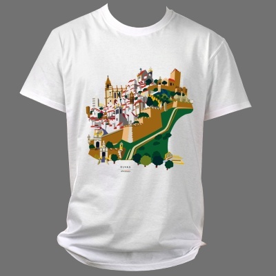 T-shirt branca com ilustração colorida da cidade de Elvas