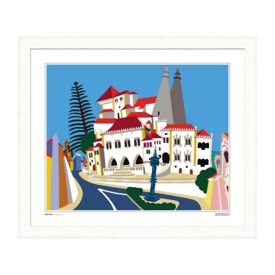 Arte estilizada de edifícios com telhados vermelhos e chaminés cinzentas, poste azul e árvore preta em fundo azul.