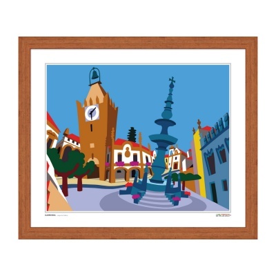 Quadro decorativo com ilustração de praça da cidade e torre de relógio