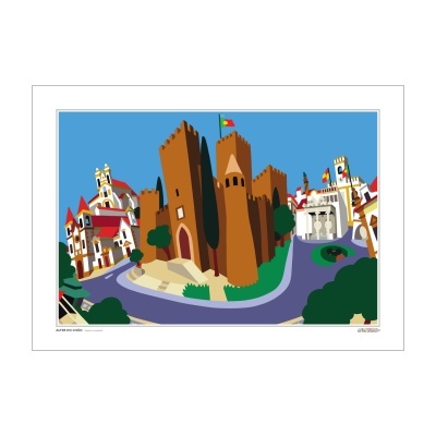 Ilustração digital de um castelo medieval com edifícios ao redor e bandeira de Portugal