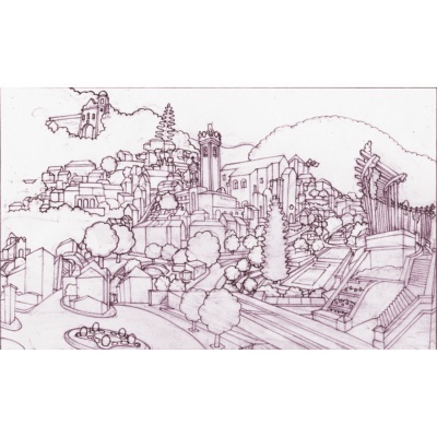 Desenho a tinta castanha de uma paisagem urbana com edifícios e árvores