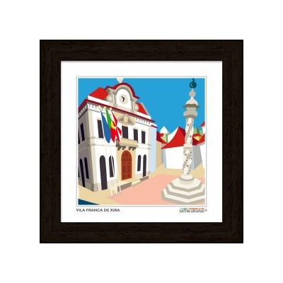 Quadro com ilustração colorida de edifício e coluna em Vila Franca de Xira