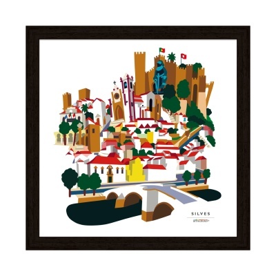 Ilustração da cidade de Silves com castelo, edifícios e ponte