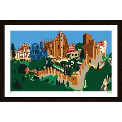 Ilustração colorida de castelo e jardins murados com moldura preta