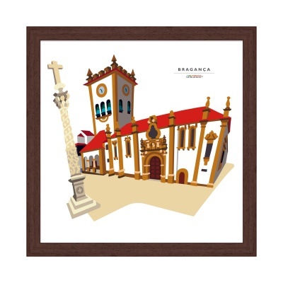 Ilustração de edifício histórico de Bragança, Portugal, com torre e colunas decorativas