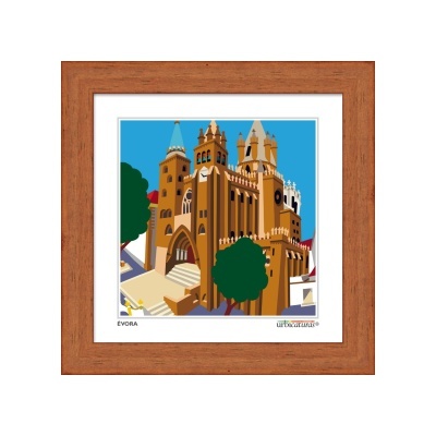 Quadro decorativo com ilustração da Sé Évora em moldura castanha de madeira