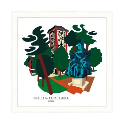 Ilustração estilizada de Vila Nova de Famalicão com árvores, edifício e escultura em moldura branca