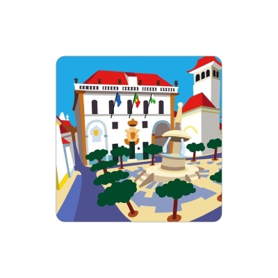 Ilustração digital de edifício branco com telhado vermelho, bandeiras, fonte e árvores num espaço urbano