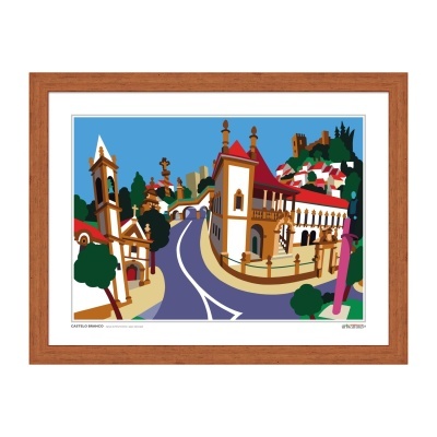 Ilustração colorida de cidade tradicional em quadro de madeira