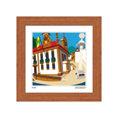 Imagem digital de edifício branco com detalhes castanhos, bandeira verde e amarela e monumento branco, em moldura de madeira