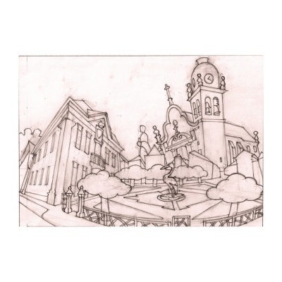 Desenho a lápis de cenário urbano com fonte, árvores e edifícios com torre e relógio.