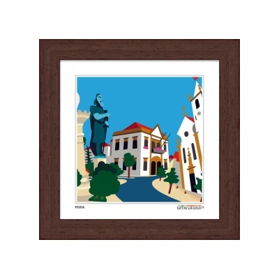 Quadro com imagem estilizada de rua, edifícios brancos, estátua azul e céu azul