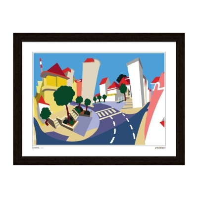 Quadro com imagem estilizada de uma rua com edifícios coloridos e árvores