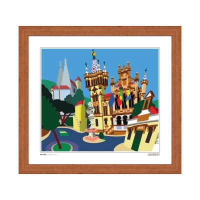 Ilustração colorida de edifícios históricos e árvores em paisagem urbana com moldura de madeira