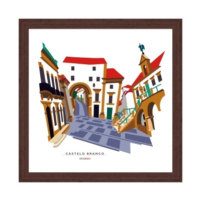 Ilustração estilizada de edifícios tradicionais em Castelo Branco com moldura de madeira escura