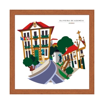 Ilustração colorida de edifícios e árvores em Oliveira de Azeméis com texto e moldura de madeira