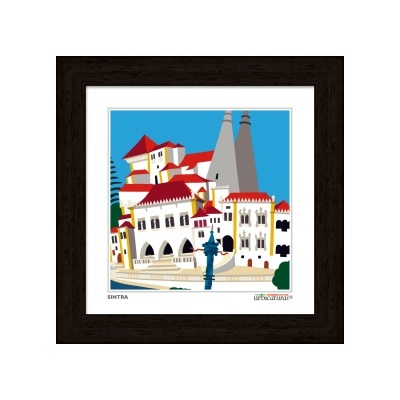 Ilustração colorida de edifícios históricos de Sintra em moldura preta