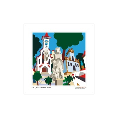 Ilustração gráfica colorida de São João da Madeira com estátua e edifícios