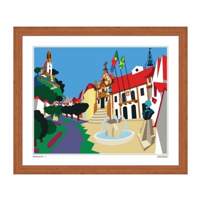Gravura colorida de praça com fonte, edifícios, bandeiras e busto emoldurada em madeira