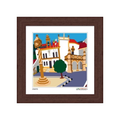 Ilustração de cidade com edifícios, árvores e bandeiras em moldura castanha