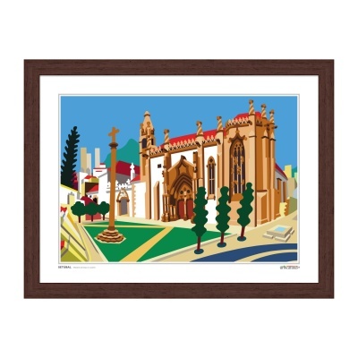 Quadro com gravura colorida da igreja da Sé de Évora em moldura castanha