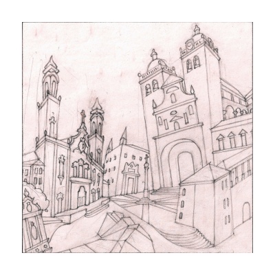 Desenho a lápis de rua com edifícios antigos e torres altas