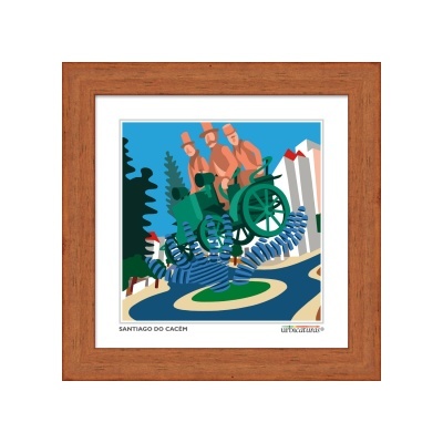 Quadro com ilustração colorida de pessoas em estrutura verde sobre mola azul, moldura de madeira