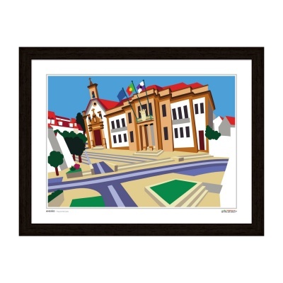 Gravura colorida de edifício com fachada amarela e telhado vermelho com moldura preta