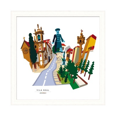 Ilustração colorida emoldurada de Vila Real com estátua, edifícios e árvores