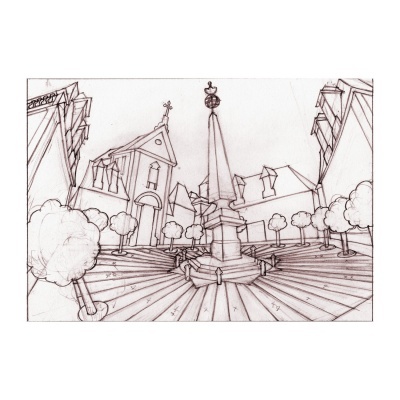 Desenho a lápis de espaço urbano com igreja, árvores e monumento