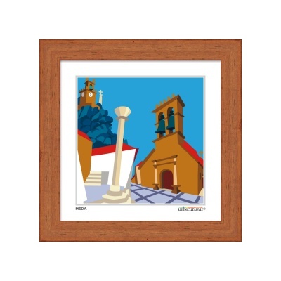 Ilustração colorida de uma praça com coluna, edifícios e céu azul em moldura de madeira