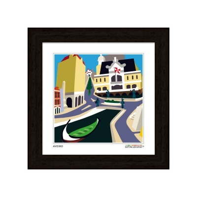 Ilustração colorida de Aveiro com barco, edifícios e moinho, emoldurada