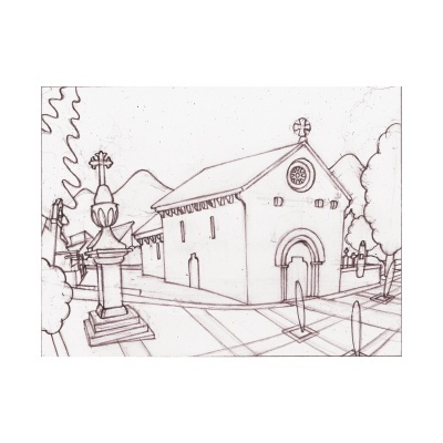 Desenho a lápis de um edifício com cruz, árvores e montanhas ao fundo.