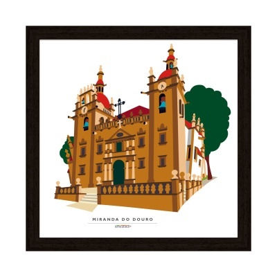 Ilustração digital de edifício histórico castanho e vermelho com moldura preta