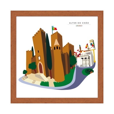 Quadro ilustrando castelo com torreões castanhos e bandeira de Portugal, texto ALTER DO CHÃO