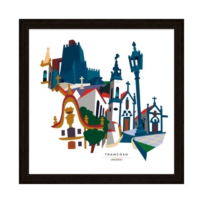 Ilustração de construções e elementos arquitetónicos coloridos emoldurada