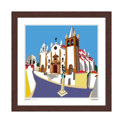 quadro decorativo igreja branca e castanha céu azul moldura castanha