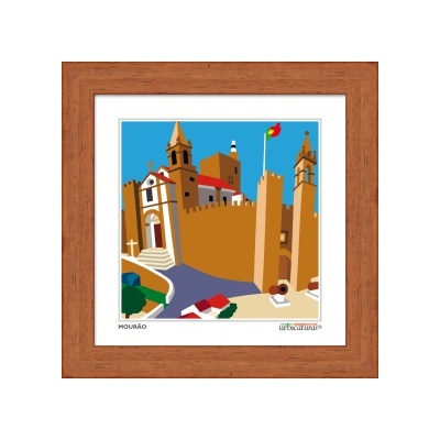 Quadro gráfico com desenho colorido de castelo e edifício com cruz, moldura em madeira