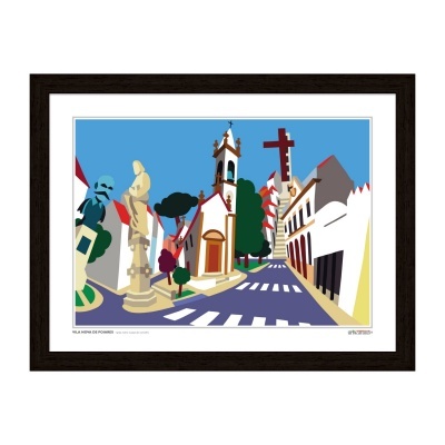 Impressão artística de uma rua com igreja, estátuas e cruz vermelha emoldurada