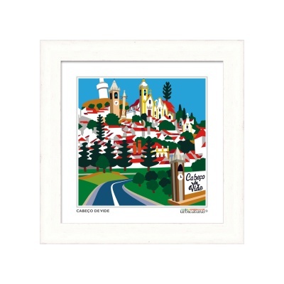 Quadro com arte gráfica colorida da vila Cabeço de Vide, com texto visível