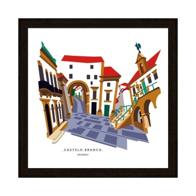 Ilustração de edifícios históricos em Castelo Branco com moldura preta