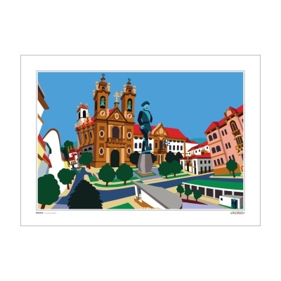 Ilustração digital colorida de praça com estátua central e edifícios ao fundo