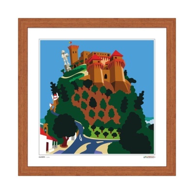 Quadro com ilustração estilizada de um castelo em colina com árvore e estrada