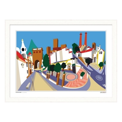 Ilustração colorida de paisagem urbana em moldura branca