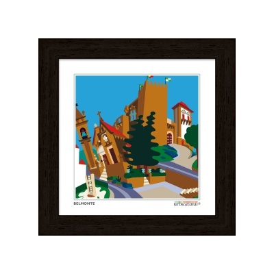 Gravura emoldurada de Belmonte com edifícios coloridos e céu azul